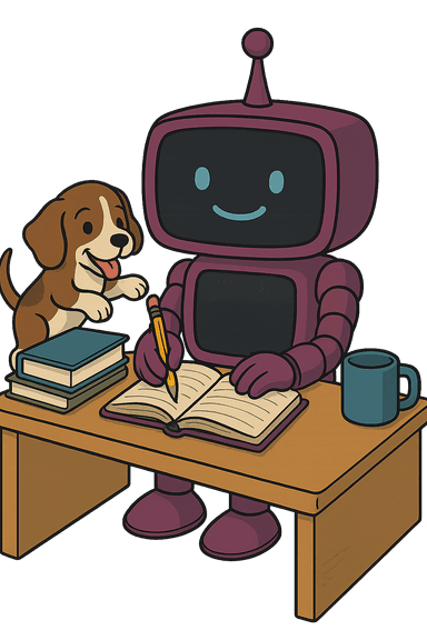 A friendly purple robot reviewing notes at his desk.