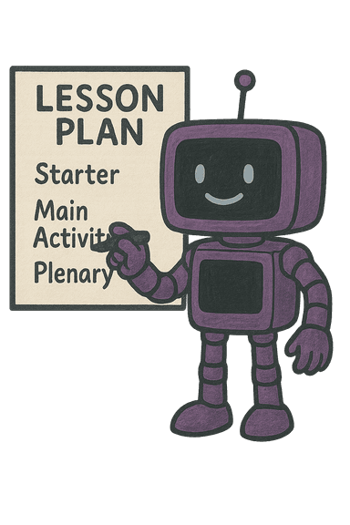 A friendly purple robot using the app to plan a lesson.