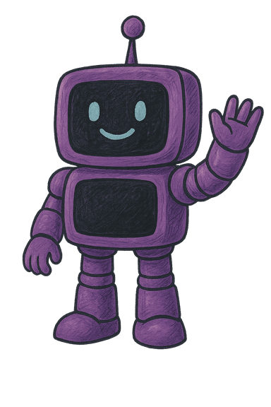 A friendly purple robot waving on a transparent background.