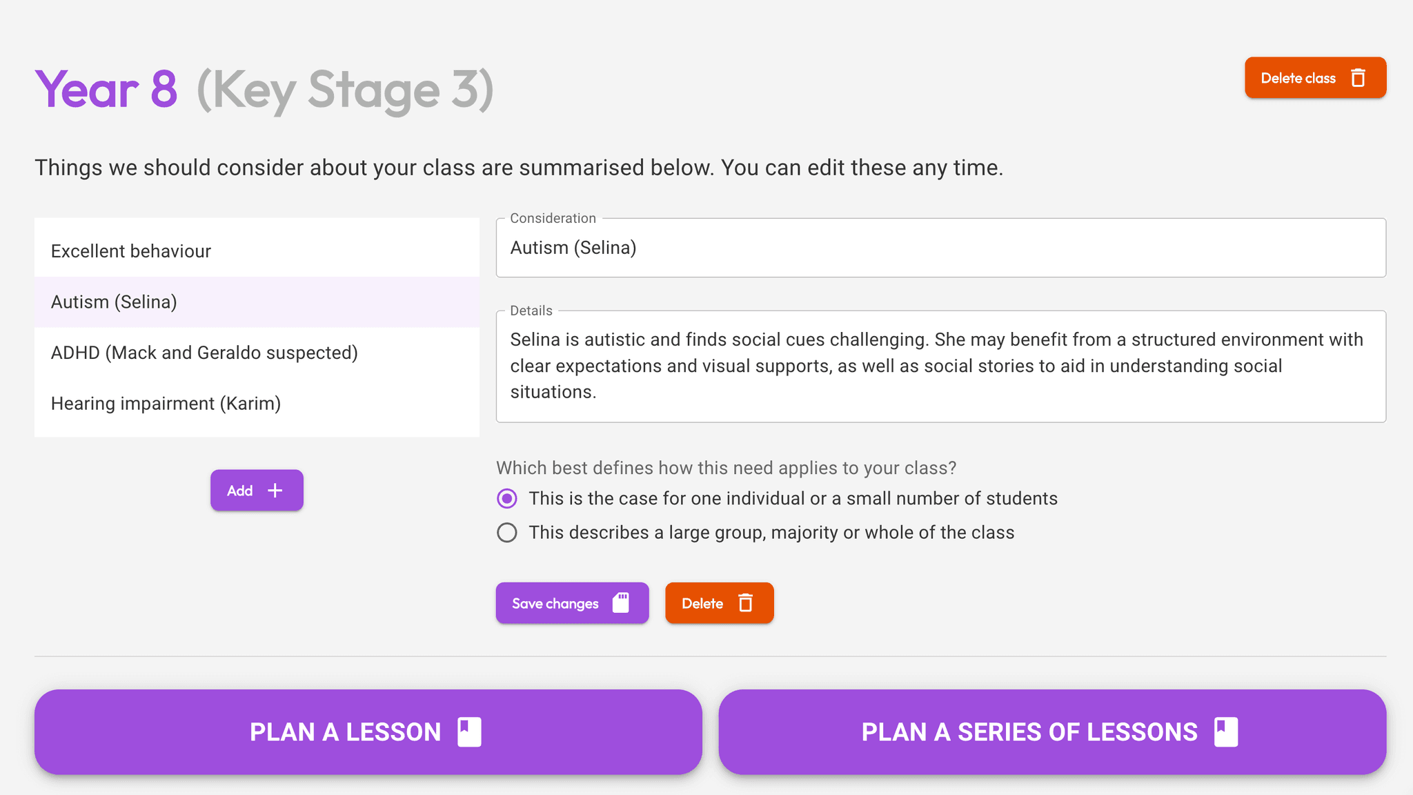 Kobbl's class view screen, showing a list of student needs and considerations, and the next step of planning lessons and schemes of work