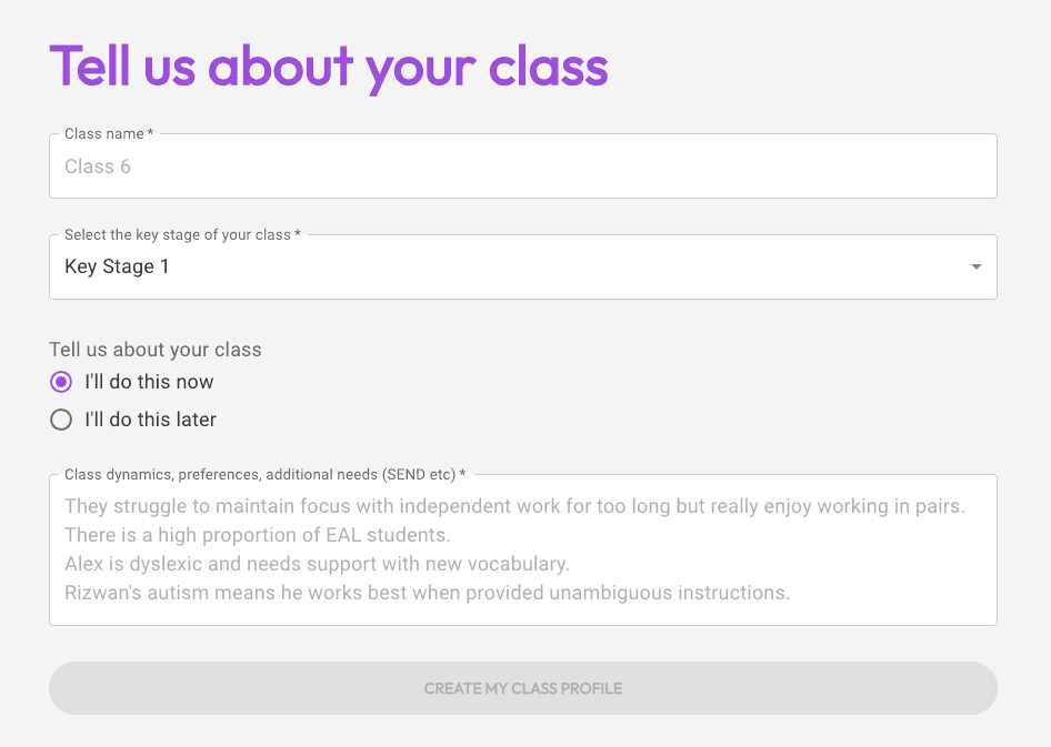 Kobbl’s Create a Class screen showing input fields for class name, key stage, and class summary