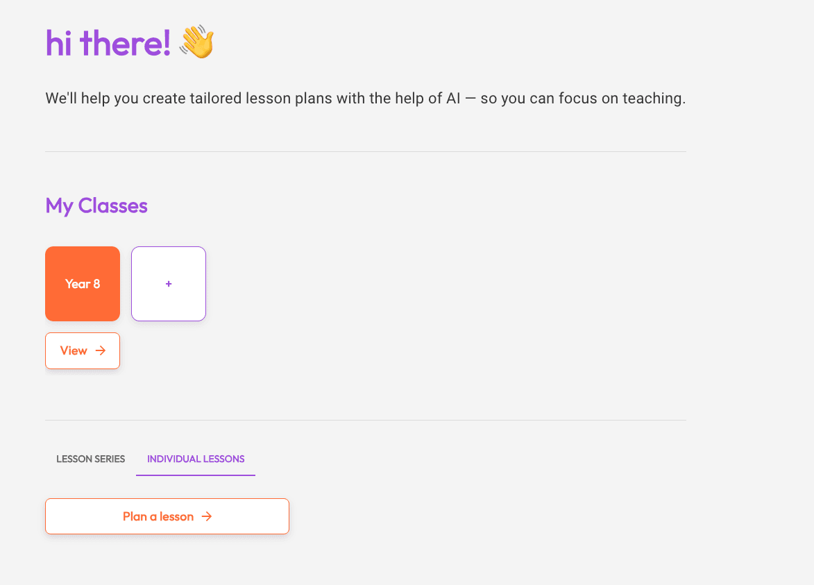 Kobbl home page with individual lesson plan tab selected to begin lesson planning process