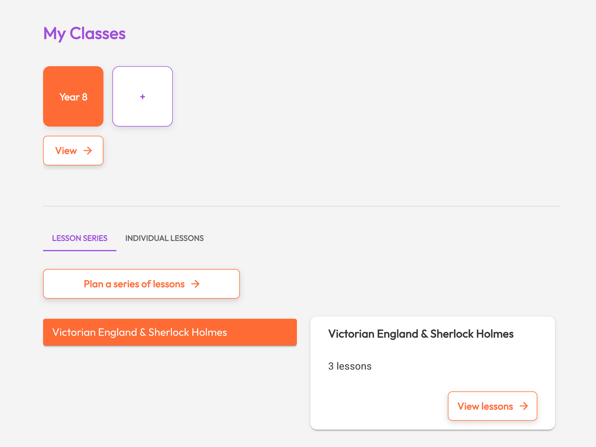 Kobbl's home page showing a class, and the layout of lesson plans and lesson series