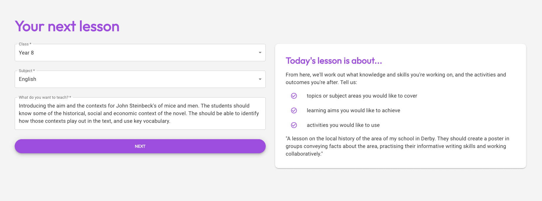 Kobbl your next lesson page with a year 8 English lesson learning objective provided for generating a lesson plan using AI